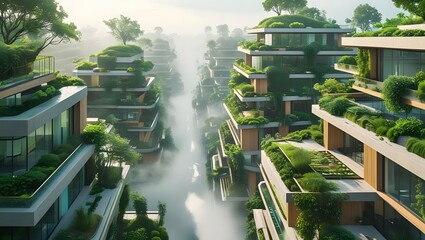 Obraz premium Futuristic eco friendly city with lush vertical gardens and modern architecture