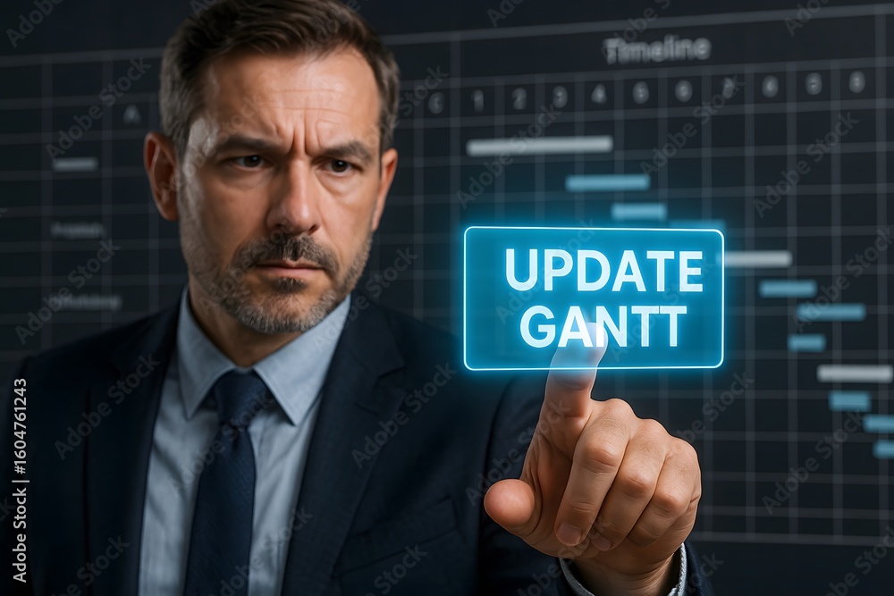Poster a businessman points to update gantt on a holographic interface, with a project timeline behind him.