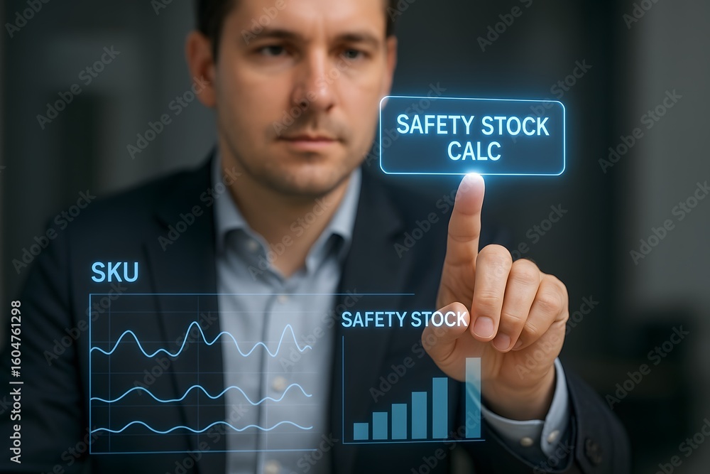 Aufkleber a man interacting with a safety stock calculator interface on a virtual screen