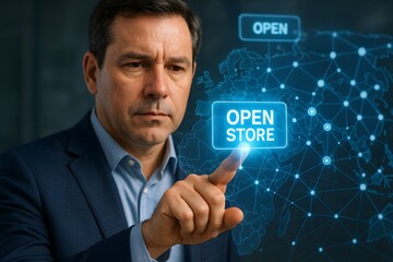 A professional in a business suit touches on the open store button, showcasing an innovative and futuristic approach 