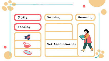 Organizing pet care with a visual schedule featuring daily tasks feeding walking grooming and vet appointments for responsible pet ownership