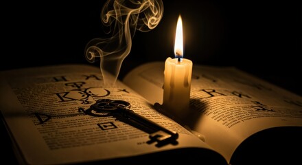 Mysterious old book and antique keys illuminated by candlelight. A single burning candle on an ancient manuscript in the dark, symbolizing secrets and knowledge.