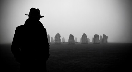 Silhouette of a mysterious man in a hat and coat standing before ancient monoliths in a misty, surreal landscape