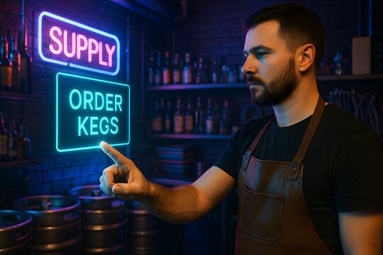 A bartender interacting with a futuristic neon sign to order kegs of beer in a pub