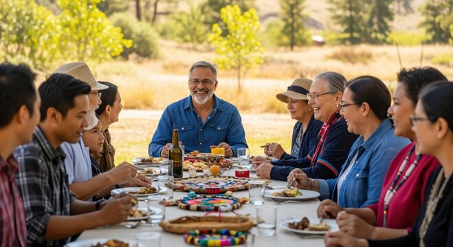 Happy multi-generational Indigenous family eating a meal together outdoors. A large group of people enjoying a festive gathering and celebration.