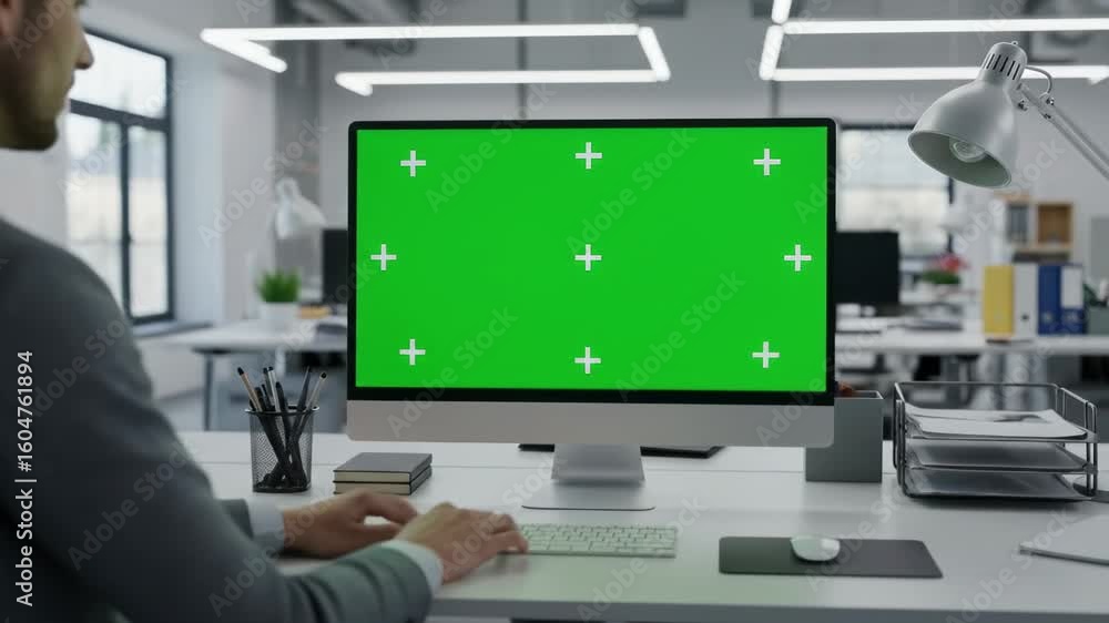Aufkleber man working in modern office on computer with chroma key green screen for content insertion