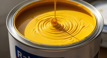 Pouring yellow paint into a can. Close up of thick, vibrant liquid creating concentric ripples on the surface. Renovation and decoration concept.