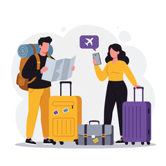 Young Travelers Preparing for a Trip with Luggage in Flat Vector Style