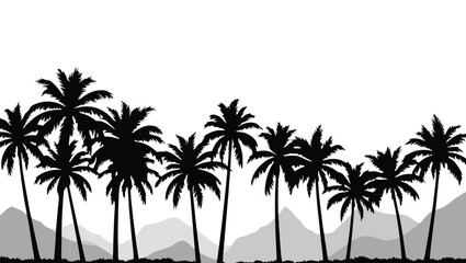 Black palm trees against a white sky with grey hills silhouette
