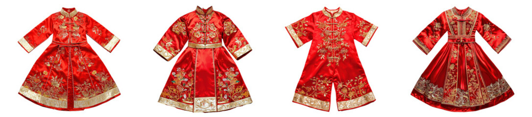 A beautiful traditional Chinese New Year dress in red with gold embroidery, isolated on a transparency background