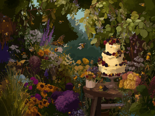 Whimsical naked cake with fresh berries surrounded by lush botanical garden setting with monarch butterflies - perfect for luxury bakery and celebration marketing