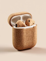 Speckled Brown Wireless Earbuds in Beige Case