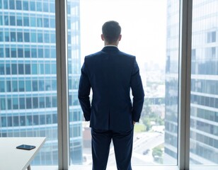 Businessman Staring Through a Window in a High-Rise Office Setting