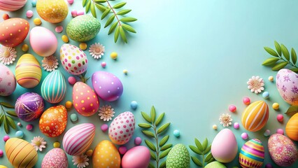 A vibrant springtime arrangement of colorful decorated eggs, delicate flowers, and lush green leaves, creating a cheerful and festive composition.