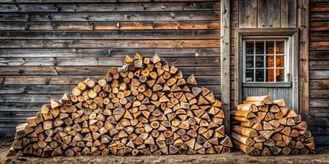 Rustic Wooden Structure with Two Stacks of Firewood, One Large and One Small, Against a Weathered Wall