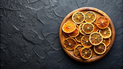 Aromatic Dried Orange Slices on Rustic Wooden Platter, Perfect for Festive Decor or Culinary Creations