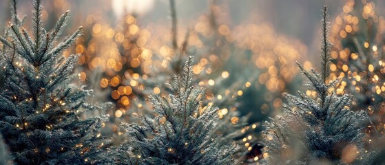 The enchanting display of illuminated Christmas trees in a serene winter forest.