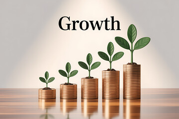Small plants growing from stacks of coins symbolizing financial growth and investment