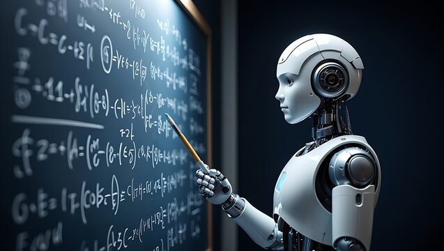 Advanced humanoid robot pointing at complex mathematical equations on a blackboard