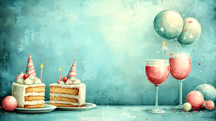 Two slices of cake with pink drinks and balloons on a teal background.