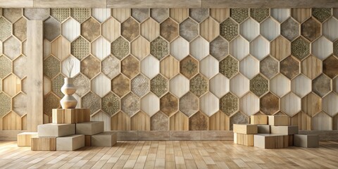 Serene Interior Design Featuring Hexagonal Wood and Stone Wall Decor with Minimalist Wooden Display