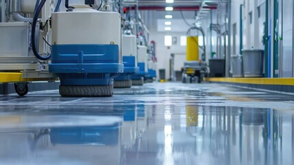 A clean, well-lit industrial hallway with industrial equipment and machinery in the background.