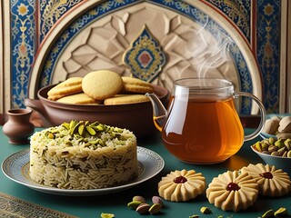 Pistachio Rice with Tea, Cookies, and Middle East.
