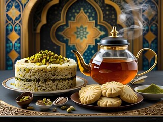 Pistachio Rice with Tea, and Cookies.