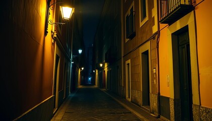 Narrow, cobbled Lisbon street at night, illuminated by lamplight,  street,  night