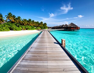 Tropical beach walkway to overwater bungalows