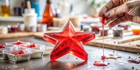 Artisan Craftsperson Pouring Vibrant Red Molten Substance onto Star-Shaped Mold, Creating Festive Decorations