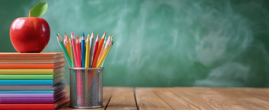 The vibrant apple and pencil collection on a school desk setting.