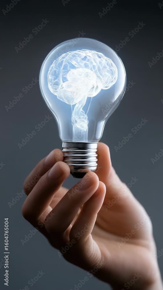 Poster a person is holding a light bulb with a brain inside of it. concept of intelligence and the importan