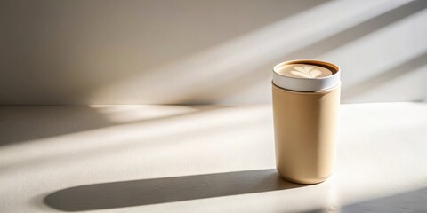 A beige travel mug filled with a creamy latte art beverage sits on a sunlit surface casting shadows on a neutral backdrop.