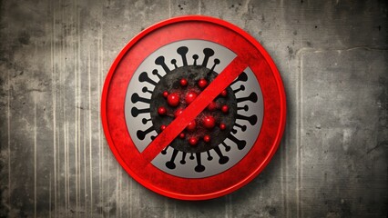 Prohibition Sign Depicting a Microscopic Organism with a Red Diagonal Line Across it, Mounted on a Textured Surface