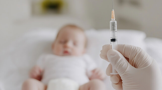 Baby Vaccination: A gloved hand holding a syringe with an infant sleeping in the background, representing child immunization and pediatric care.