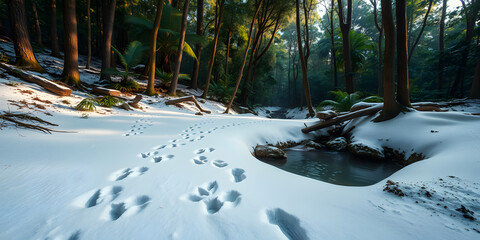 Snow covered ground with footprints leading to a stream in a forest during the winter season scene