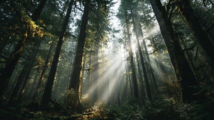 Majestic forest scene featuring sunlight streaming through tall green trees and mist