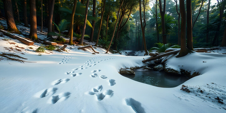 Snow covered ground with footprints leading to a stream in a forest during the winter season scene
