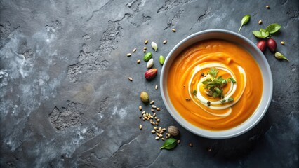 Creamy Autumnal Carrot Soup with Swirled Yogurt and Aromatic Spices Served in a Bowl on a Dark Textured Surface