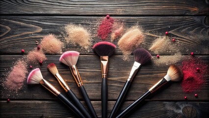 Elegant makeup brushes arranged on a rustic wooden surface with assorted powder pigments