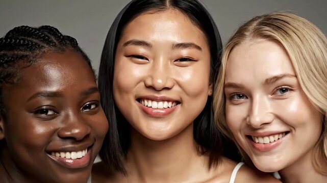 Three smiling women of diverse ethnicities stand shouldertoshoulder facing the viewer