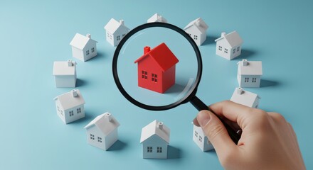 Red House Search Magnifying Glass Focus on Unique Property with Dream Home Hunt.