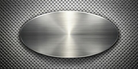 Sleek Brushed Metal Oval Plate on Perforated Background, Ideal for Industrial or Technological Designs
