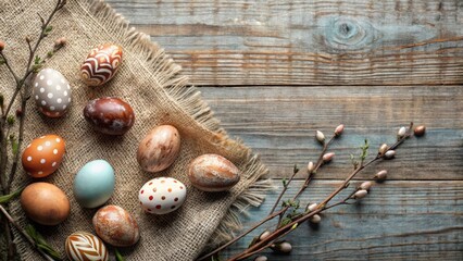 Rustic Springtime Decor with Hand-Painted Eggs and Blossoming Branches on Weathered Wooden Surface