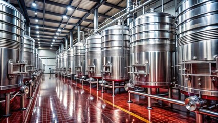 Rows of gleaming stainless steel fermentation tanks in a modern production facility