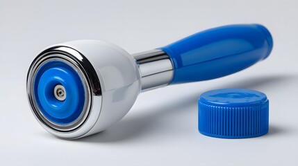 White showerhead with blue accents and a matching cap.
