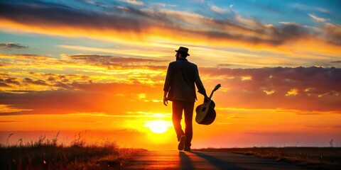 A lone figure, carrying a guitar, walks towards a vibrant sunset along a quiet road, silhouetted against the fiery sky, embodying a journey of musical dreams.