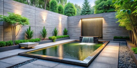Serene Courtyard Oasis Modern Minimalist Design Featuring a Tranquil Water Feature and Lush Greenery
