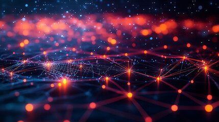 Fototapeta premium Digital network with glowing orange nodes and blue data points creating infinite scrolling effect, evoking futuristic and dynamic atmosphere